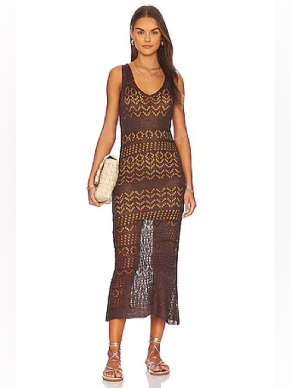 SNDYS x Revolve Brown Crochet Midi Dress